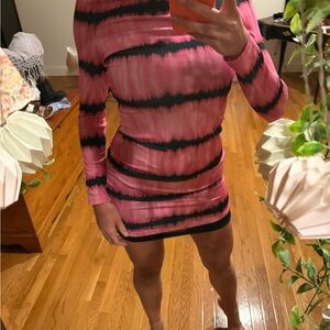 Alice + Olivia Pink and Black Long Sleeve Tie Dye bodycon